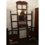 MAHOGANY TILE & BEVELLED EDGE MIRROR BACK SEATED HALL STAND A/F