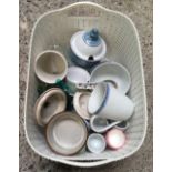 WHITE PLASTIC BASKET WITH ASSORTED CHINAWARE