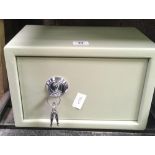 SMALL GREY HOTEL TYPE SAFE WITH TIE DOWN BOLTS & KEYS