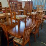 MODERN POLISHED TEAK DINING TABLE WITH 4 UPHOLSTERED CHAIRS & 2 CARVERS - UNUSUAL ORIENTAL STYLE