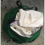 GREEN HOLDALL, TABLECLOTHS ETC