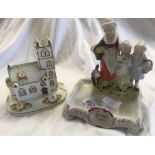 YARDLEY ENGLISH LAVENDER CHINA FIGURE OF A WOMEN WITH 2 CHILDREN & A DOG & THE VILLAGE CLOCK BY