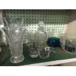 SHELF WITH CUT GLASS VASES, DECANTER & VARIOUS GLASSES
