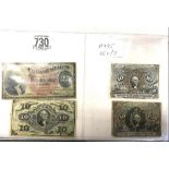 USA FOUR FRACTIONAL CURRENCY NOTES ISSUED DURING THE AMERICAN CIVIL WAR IN THE 1860'S