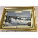 OIL PAINTING BY JOHN HEWITT INSCRIBED TO REVERSE ''SILVER SURF, NORTH CORNWALL NUMBER 6''. SIGNED