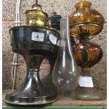 ONE BRASS VINTAGE RAIN LAMP A/F, A DECORATIVE ORANGE GLASS OIL LAMP A/F & 1 OTHER