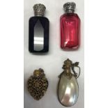 2 SCENT BOTTLES IN CRANBERRY & AMETHYST WITH WHITE METAL & HALLMARKED, SILVER TOPS PLUS 2 MORE - 1