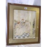 WATERCOLOUR OF 3 SEATED LADIES WITH A HAND-WRITTEN POEM BY ROBERT HERRICK TO THE REVERSE. SIGNED &
