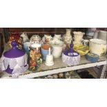 SHELF OF POTTERY VASES, STORAGE CONTAINERS, ORNAMENTS ETC