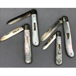 4 SILVER BLADED FRUIT KNIVES WITH M.O.P SCALES BY W.NEEDHAM, B'HAM. BLADE LENGTH 15-22CMS