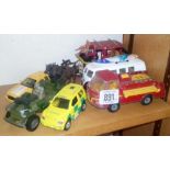 DIECAST FIRE TRUCK, VW CAMPER VAN WITH SURFBOARD ON ROOF. DINKY JEEP UNDER ATTACK PARAMEDIC CAR.
