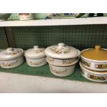 SHELF OF 6 VARIOUS POTTERY TERRINE'S WITH LIDS