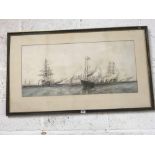 LARGE ANTIQUE LITHOGRAPH OF A VAST ARMADA OF SAILING GUN SHIPS, MOORED IN LINE OFF THE COAST