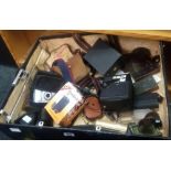 BLACK TRAVEL BOX WITH MISC CAMERA'S & BRIC -A-BRAC