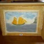 BOAT BY LIGHTHOUSE AFTER ALFRED WALLIS OIL ON BOARD - 23CM X 34CM