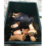 CARTON WITH QTY OF JONES & CO. WOODEN SHOE TREES & BLACK LEATHER SHOES A/F. SHOES OF LARGE SIZE