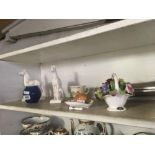 SHELF OF CHINAWARE, PAIR OF HORSES ETC