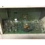 SHELF OF GLASS BEAKERS, DECANTER & STOPPER ETC