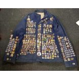 A UNIQUE ADIDAS CHELSEA FOOTBALL CLUB SUPPORTERS JACKET SIZE XL COVERED IN PIN BADGES (GLUED ON)