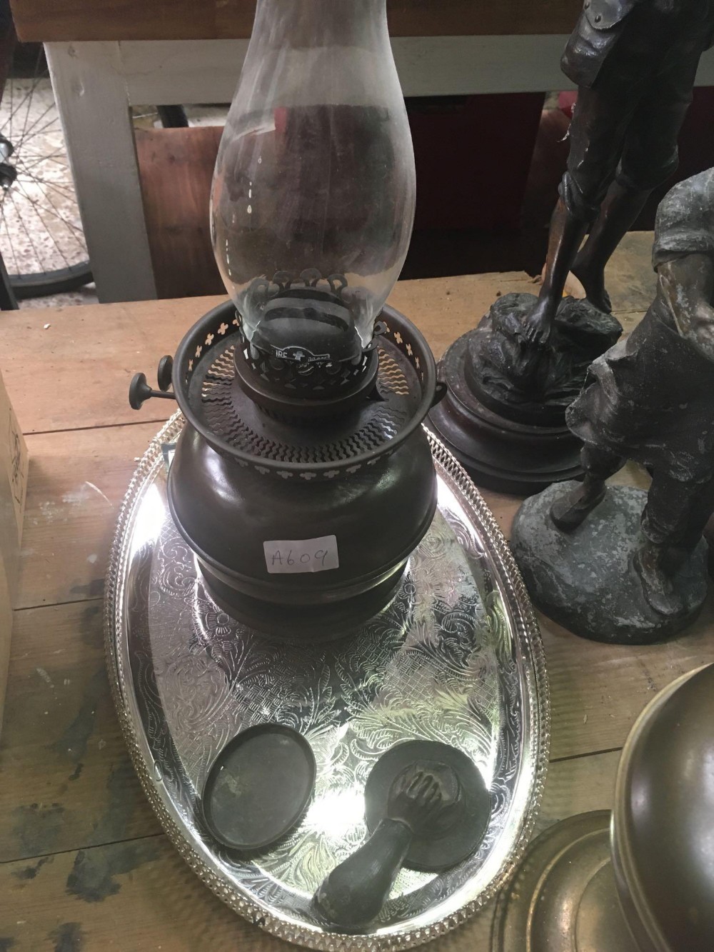 2 BRASS OIL LAMPS WITH CHIMNEY'S - ONE WITH SHADE ETC - Image 4 of 4