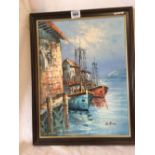 G BRIA, OIL PAINTING ON CANVAS OF FISHING BOATS MOORED ON A JETTY. SIGNED.