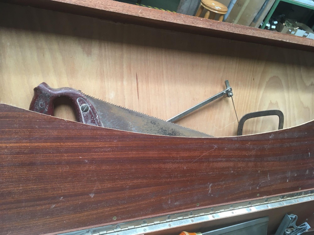 TEAK STORAGE CHEST WITH VARIOUS SAWS, DRILLS ETC - Image 3 of 3