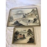 2 SILK AND METAL THREAD EMBROIDERED PICTURES OF JAPANESE VIEWS OF MOUNT FUJI