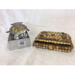 AN AA BADGE, CHROME BICYCLE BELL, MISC COINAGE, TRINKET BOX ENCRUSTED WITH SEA SHELLS