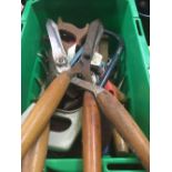 LARGE CARTON OF GARDEN & OTHER TOOLS INCL; SHEARS, CHISELS, SAWS ETC