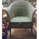 GREEN LLOYD LOOM WICKER ARMCHAIR & RECTANGULAR LINEN BASKET