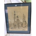 2 ORIGINAL DRAWINGS, ONE OF ST BASIL'S CATHEDRAL RED SQUARE, MOSCOW AND ANOTHER OF A SIMILAR