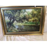 OIL PAINTING OF TREE LINED RIVER VIEW SIGNED J ROCKINGHAM, TOGETHER WITH OIL PAINTING OF A RIVER