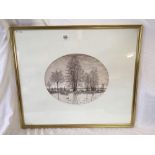 OVAL, SEPIA, LIMITED EDITION ETCHING OF A DUCK POND AND TREES NUMBERED 90/300 INDISTINCTLY SIGNED,