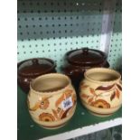 2 POTTERY VASES & A PAIR OF GLAZED CASSEROLE POTS WITH LIDS