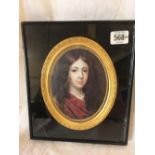 OVAL PORTRAIT OF A YOUNG MAN IN A BLACK LACQUER EASEL FRAME WITH DECORATIVE YELLOW METAL MOUNT [