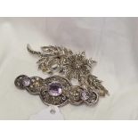 SILVER & MARCASITE AMETHYST SET BROOCH & MARCASITE LEAF BROOCH