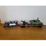 ''OO'' GAUGE CAMOUFLAGED LOCOMOTIVE 0-4-0 WITH 8 WHEELED TRUCK ON WHICH IS A SHERIDAN TANK & FIELD