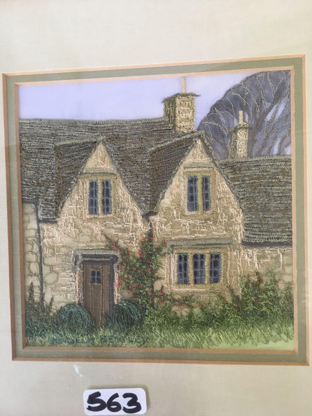 SILK WORK PICTURE OF A BIRD ON A BRANCH TOGETHER WITH EMBROIDERED PICTURE OF COTSWOLD COTTAGES - Image 4 of 5