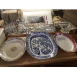 BLUE & WHITE ORIENTAL MEAT PLATE & 2 OTHER DISHES (1 A/F)