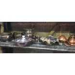 SHELF OF VARIOUS BRASS & PLATEDWARE