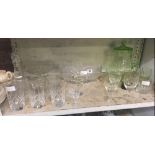 SHELF OF VARIOUS GLASSWARE INCL; TUMBLERS, WATER JUG, BOWLS ETC