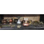 A SHELF OF VARIOUS COPPER & BRASS WARE