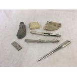 BAG WITH WHITE METAL MISERS PURSE, CIGAR CUTTER, LETTER OPENER, 2 ART DECO BUTTER KNIVES & 2