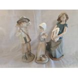 3 NAO FIGURES BY LLADRO. 1 OF A GIRL HOLDING A RABBIT, A BOY WITH LAMB ON HIS NECK & A GIRL WITH