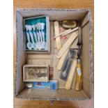 CARTON WITH CASE SET OF 6 M.OP CAVIAR SPOONS, BONE, TONGUE DEPRESSORS, SOUVENIR SPOON, HORN SNUFF