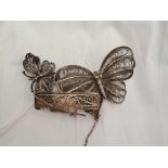 SILVER FILIGREE BOAT & BROOCH & 2 WHITE METAL BUTTERFLY BROOCHES