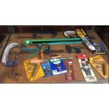 SHELF OF VARIOUS TOOLS, G-CLAMPS ETC