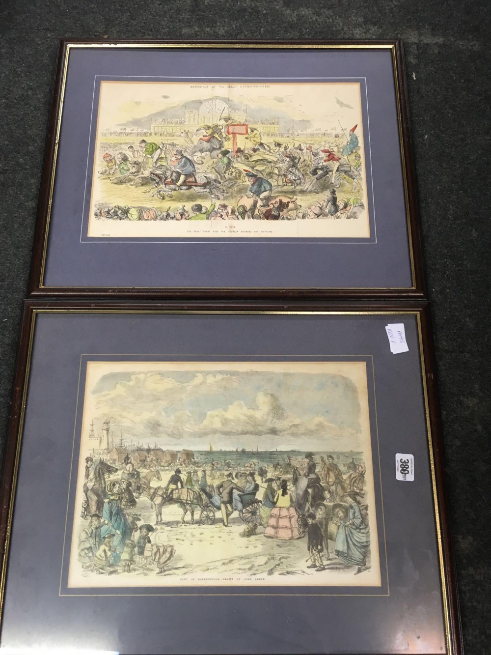 TWO HAND-COLOURED FRAMED 19TH CENTURY PRINTS BY JOHN LEECH 21 ¼'' X 17 ¼'' ONE MISSING GLASS