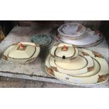 SHELF OF VINTAGE CHINA INCL; ROYAL VENTUM WARE, MEAT PLATERS, TUREENS, PLATES ETC