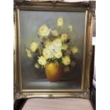 GILT FRAME SCREEN OIL - PICTURE OF YELLOW ROSES, BY A TAM